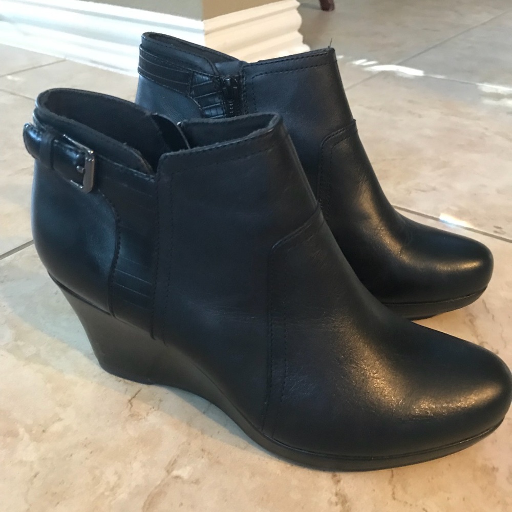 Clark’s black leather wedge booties
